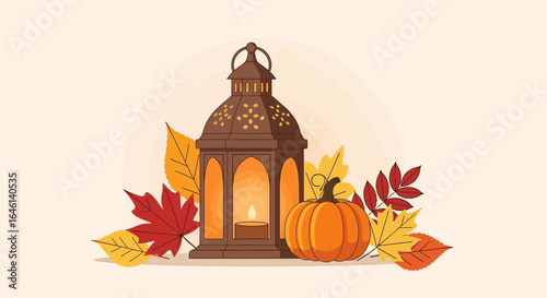 Lantern And Pumpkin Surrounded By Autumn Leaves Festive Arrangement