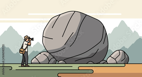Illustration of a photographer capturing a large boulder in a mountainous landscape using his camera