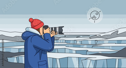 Illustration of a photographer capturing the Arctic landscape with camera during expedition