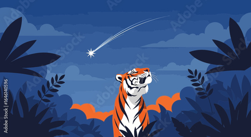 Illustration of tiger looking at a shooting star in a lush forest environment with dark blue and orange tones giving a majestic and calming atmosphere