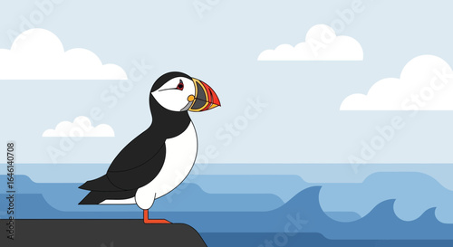 Illustration of a puffin standing on a rock overlooking the ocean on a sunny day