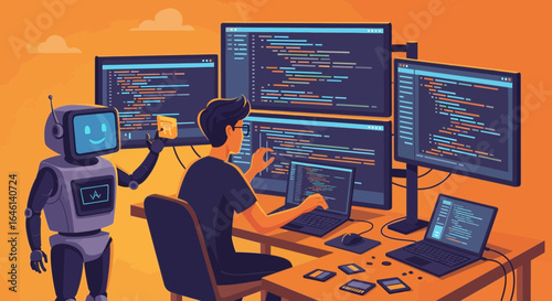 Illustration of a programmer working alongside a friendly robot assistant in a software development environment