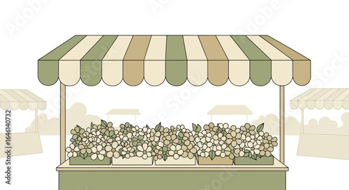Illustration of a quaint flower market stall with blooming flowers for sale
