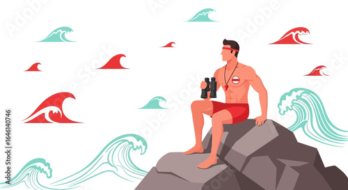 Lifeguard sitting on a rock with binoculars, monitoring the coast with waves in background