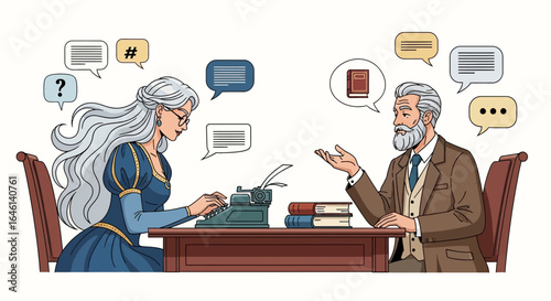 Literary consultation concept with vintage writer and editor exchanging ideas and comments