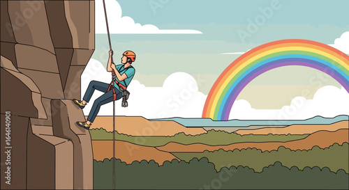 Illustration of a rock climber rappelling down a cliff with a vibrant rainbow background showing overcoming adversity