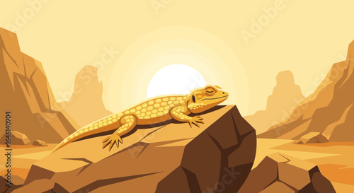 Lizard resting on a rock in a desert landscape under the warm sun illustration