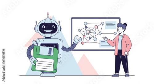 Illustration of a robot holding a floppy disk next to a presenter explaining network diagrams