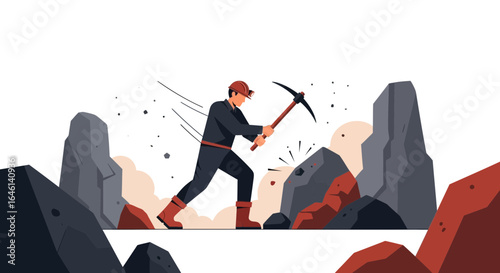 Illustration showcasing a determined miner working with a pickaxe breaking rocks in a rugged mining environment