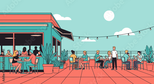 Illustration of a rooftop cafe with people enjoying food and drinks outdoors on a sunny day