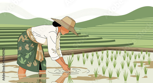 Illustration of a rural woman planting rice in a terraced paddy field using traditional farming methods