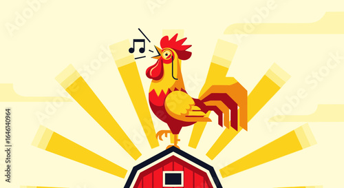 Illustration of a Rooster Crowing on a Barn at Sunrise Depicting Farm Life