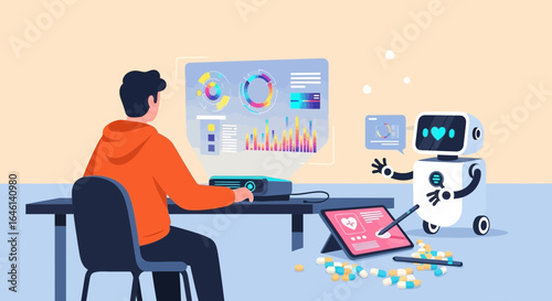 Illustration showcasing a medical professional utilizing AI for data analysis and patient care innovation in healthcare