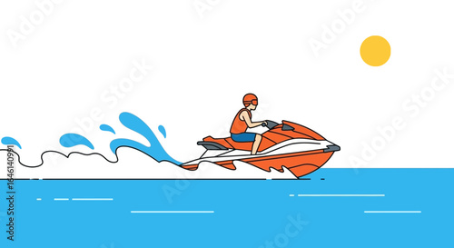 Illustration showcasing a person riding a jet ski on the ocean with a sun shining above creating summer fun