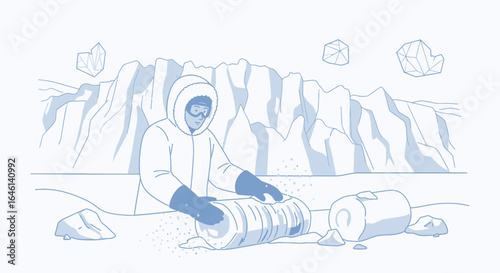 Illustration of a Scientist Collecting Ice Core Samples in Antarctica for Climate Research and Analysis