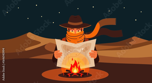 Lost adventurer in the desert seeking direction, illuminated by campfire light and guiding map for a solitary journey