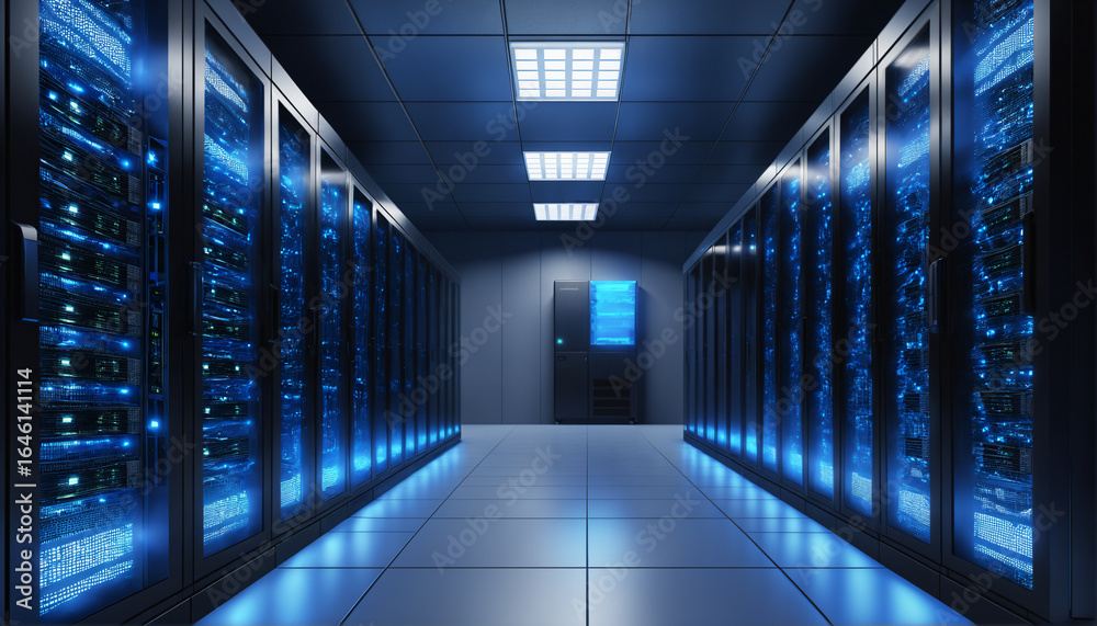 Fototapeta premium Modern Data Center Server Room with Glowing Racks
