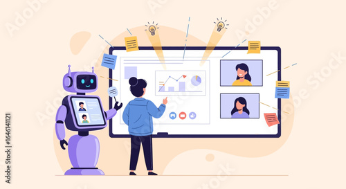Illustration showcasing artificial intelligence integration in online learning and education platform with robot instructor
