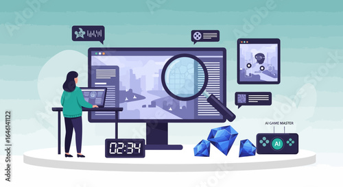Illustration showcasing ai in game development with a woman using a computer for game development