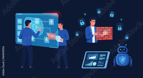 Illustration showcasing cybersecurity experts working on a network with data protection measures like firewall and encryption