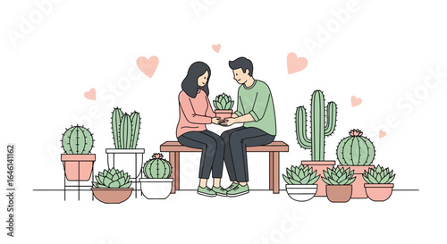 Loving couple exchanging potted succulent plant surrounded by various cacti and succulents