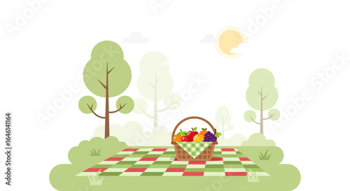 Lovely Picnic Illustration Basket Full Of Fruit In A Green Meadow