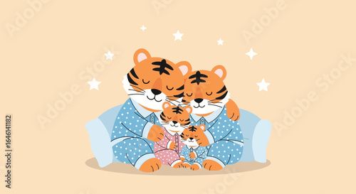 Loving Tiger Family In Pajamas Cuddling In Bedtime Scene With Stars
