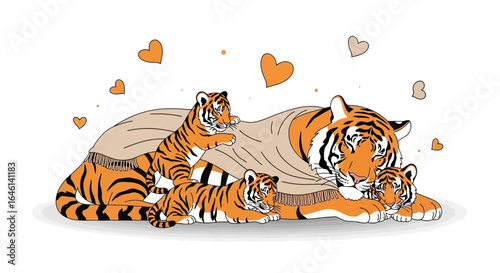 Loving tiger family illustration with hearts, perfect for affectionate greetings and symbolic representations of maternal care and familial love