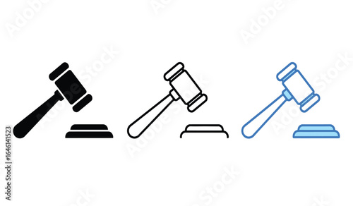 Three Gavel Icons in Black Outline and Blue Representing Law Justice Auction and Legal Proceedings on a Clean White Background for Versatile Use
