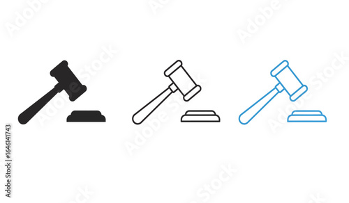 Gavel Icon Set in Black Outline and Blue Representing Law Justice Auction and Legal Processes in a Simple Modern Design