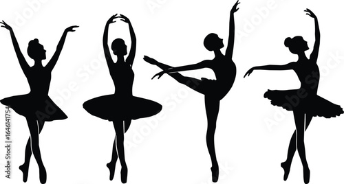 Ballet dancer silhouette vector, elegant ballerina poses, classical dance illustration, tutu and pointe shoes graphic, CAD drawing flat vector illustration