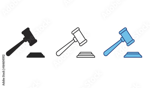 A Set of Three Gavel Icon Illustrations Representing Law Order and Justice in Solid Black Outline and Blue Color Variations on a White Background