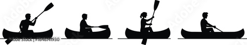 Canoe paddling silhouette vector set, single and double-bladed paddle techniques, water sport poses, CAD drawing flat vector illustration