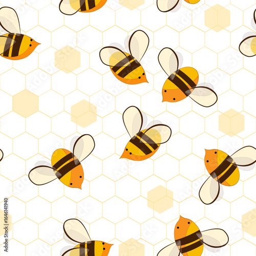 Cute cartoon honey bees on honeycombs seamless pattern. Vector background illustration