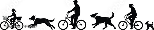 Cycling with dogs silhouette vector, outdoor activity illustration, pet companionship graphic, family ride clipart, CAD drawing flat vector illustration