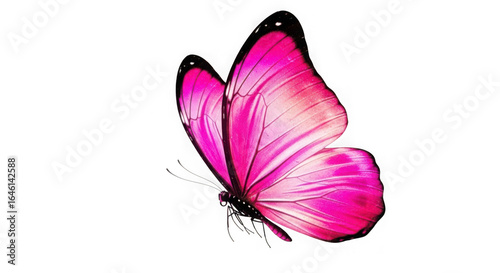 Vibrant pink butterfly wing detailed against a stark black background