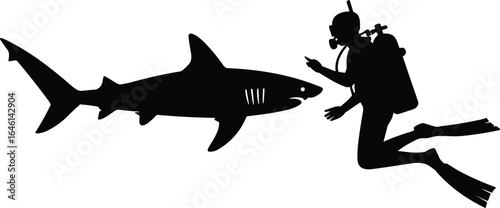 Scuba diver silhouette vector, shark encounter illustration, underwater adventure graphic, marine life interaction clipart, CAD drawing flat vector illustration