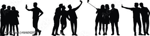 Selfie silhouette vector set, people taking selfies with phone and stick, group and solo poses, CAD drawing flat vector illustration