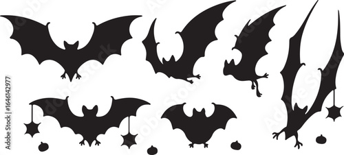 Black bats flying and hanging silhouettes