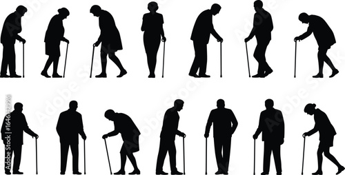 Silhouette elderly people with canes, walking aid illustration, senior mobility graphic, disabled support vector, CAD drawing flat vector illustration
