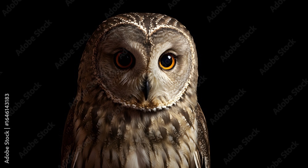 Fototapeta premium Majestic Tawny Owl with Intense Amber Eyes in Shadowy Light