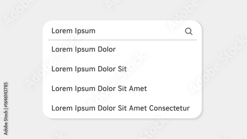 Search bar ui window with a drop-down suggestion list appears directly beneath the search bar vector illustration.
