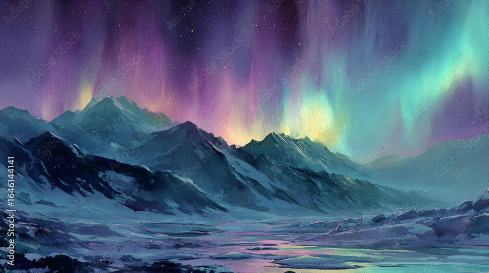 Naklejka premium Vibrant Aurora Borealis over Mountain Range at Night