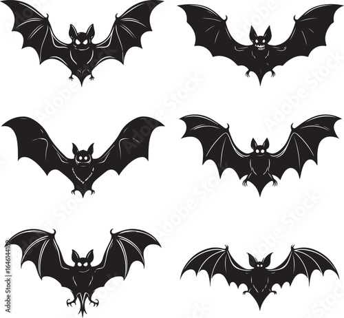 Six black bats flying silhouette wings