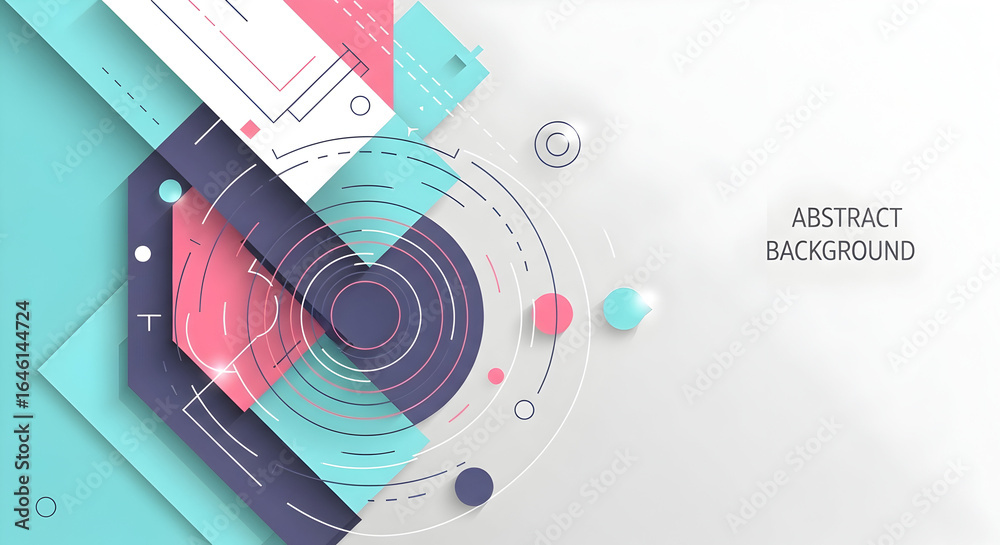 Obraz premium Modern abstract banner with layered geometric shapes, circles, and futuristic elements on a light background