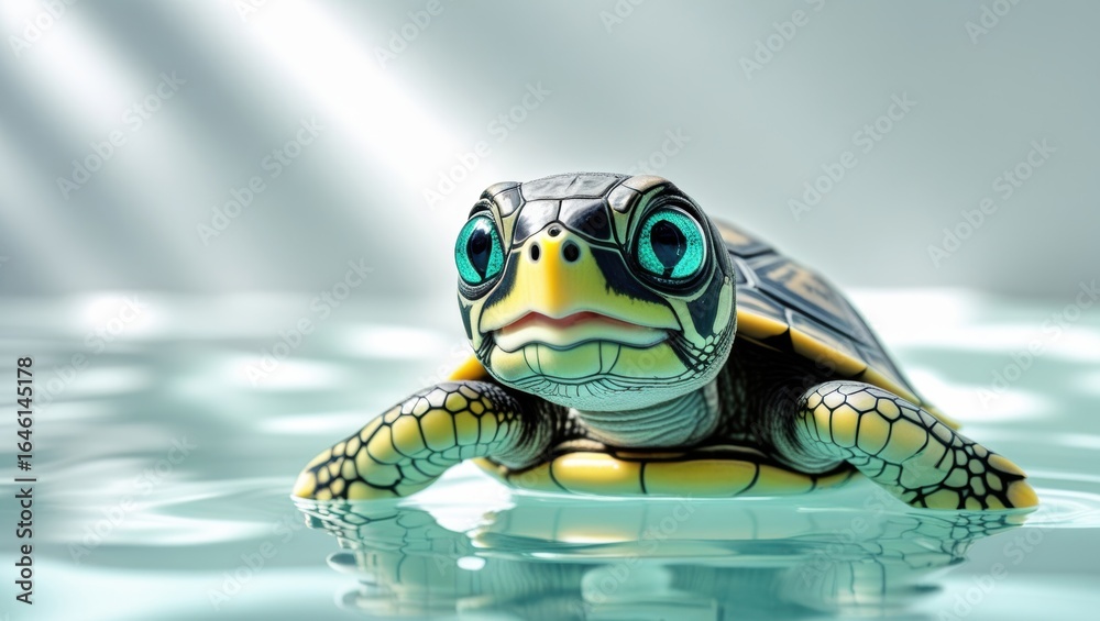 Close-up of a cute baby sea turtle with vibrant blue eyes swimming in clear water under soft sunlight Close-up of a cute baby sea turtle with vibrant blue eyes swimming in clear water under soft sunlight