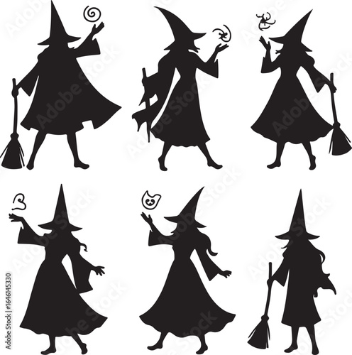 Witches casting spells with brooms and magic halloween