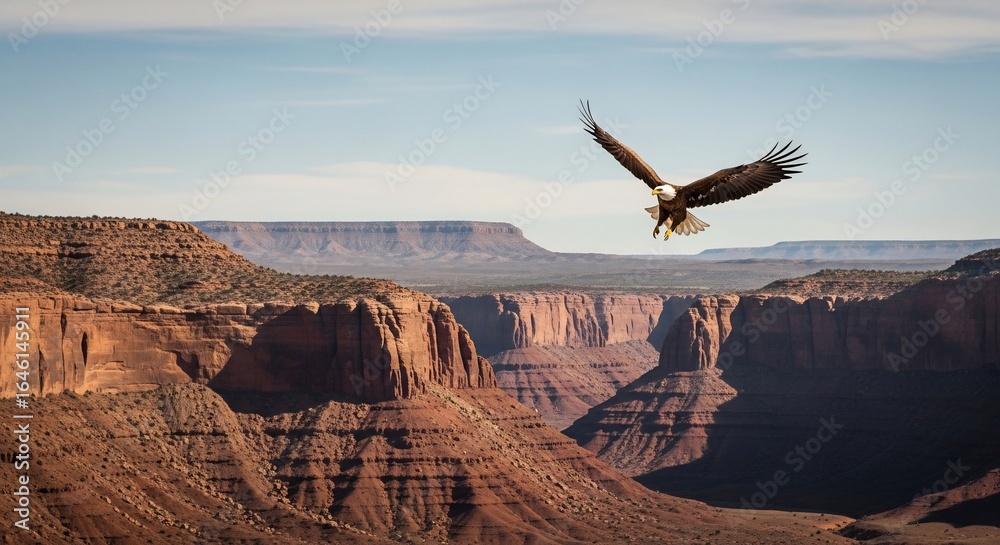 Naklejka premium Eagle soars over canyon landscape