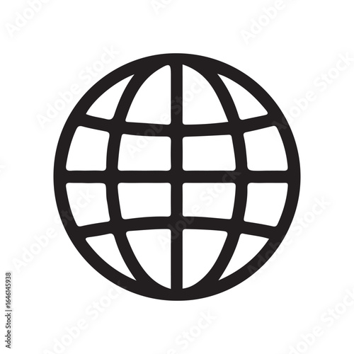 A simple black and white illustration of a globe with visible grid lines on a white background surface