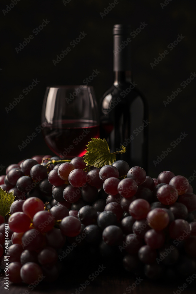 Fototapeta premium Wine and grapes depicted in a strong moody style with gentle soft light, low contrast, diffused shadows, and subtle illumination
